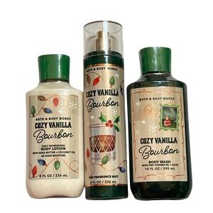 Bath & Body Works Cozy Vanilla Bourbon‎ Body Lotion Fragrance Mist Body Wash Set